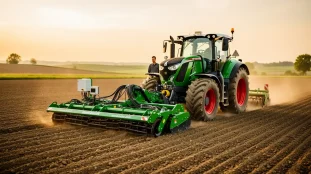 champ avec herse rotative moderne technologie agricole