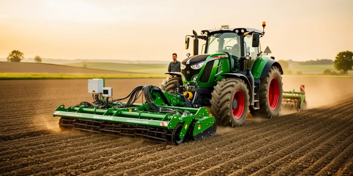 champ avec herse rotative moderne technologie agricole