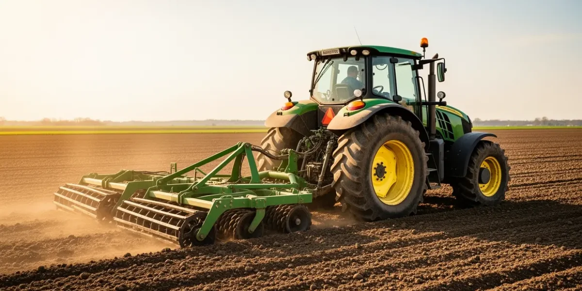 tracteur avec herse rotative sur champ printemps