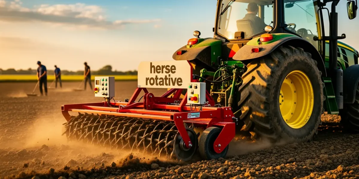 Champ cultivé avec herse rotative attelée, travailleurs et outils visibles