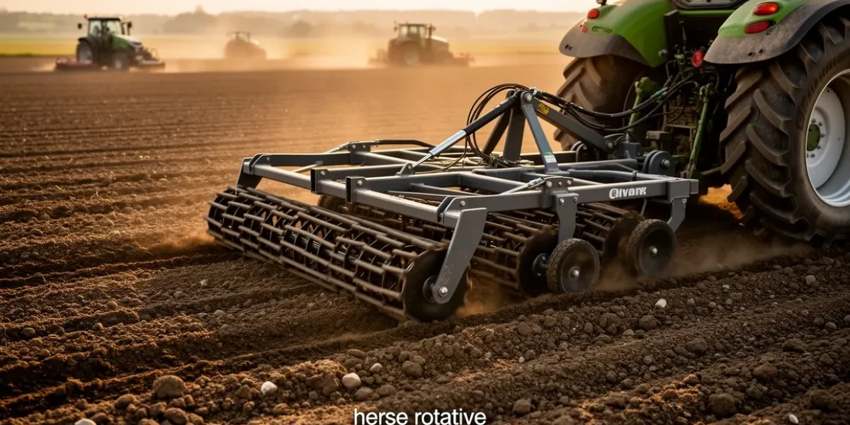herse rotative en action sur champ prepare