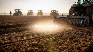 champ préparé avec herse rotative, tracteurs, rouleaux, sol affiné