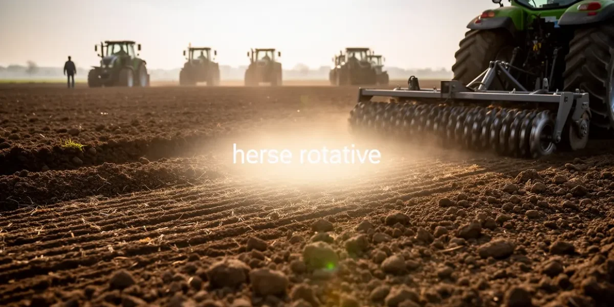 champ préparé avec herse rotative, tracteurs, rouleaux, sol affiné
