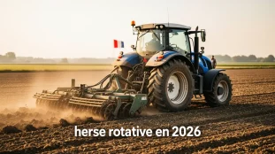 herse rotative petit budget 2026 en action sur champ français, matin