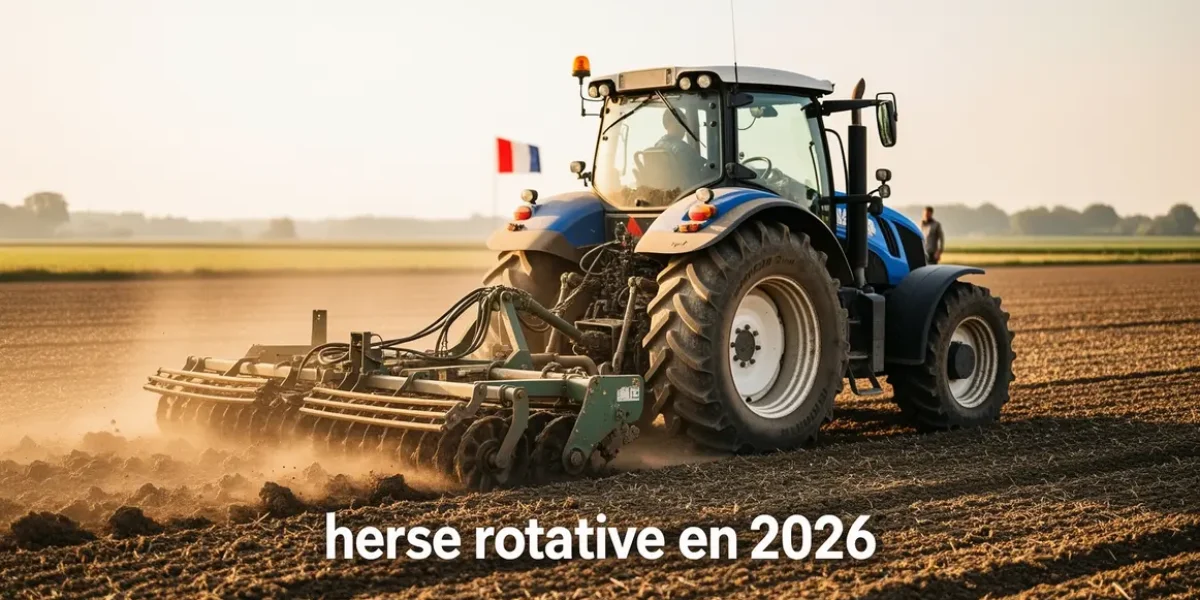 herse rotative petit budget 2026 en action sur champ français, matin