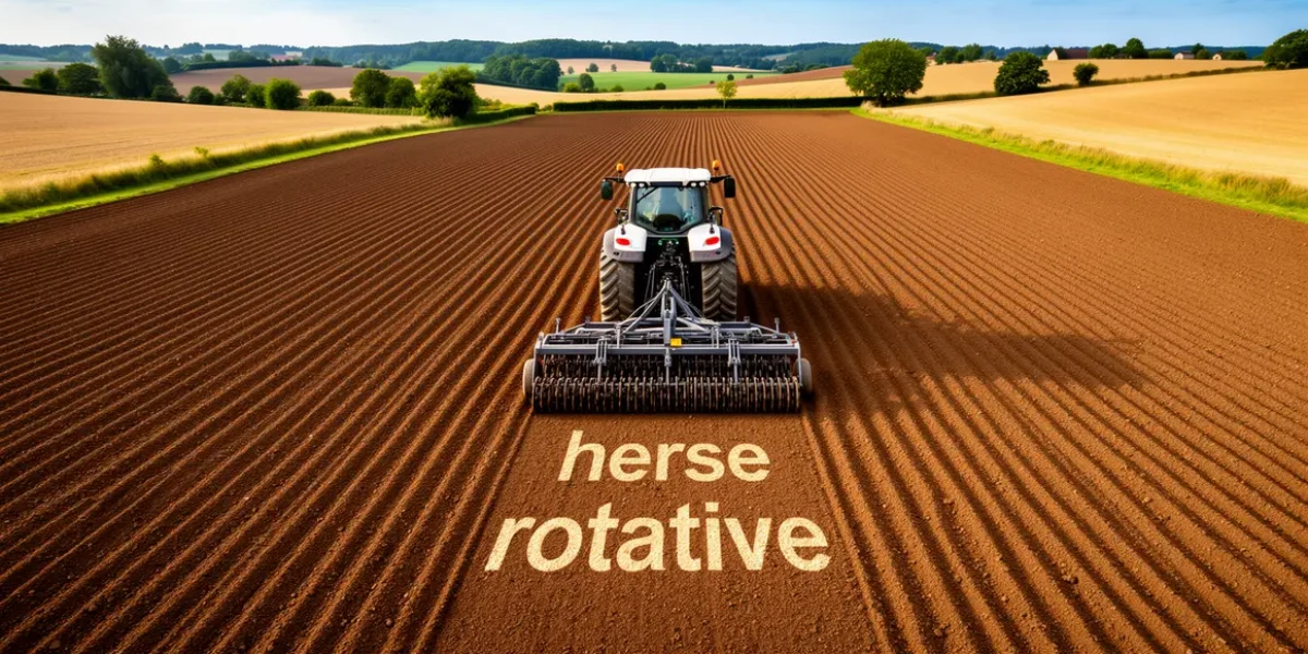 champ prepare avec herse rotative et tracteur, vue aerienne