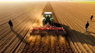 herse rotative champ preparation sol tracteur vue aerienne