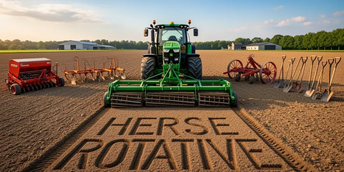 herse rotative moderne au centre du champ avec tracteur et outils