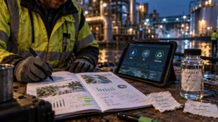 Ingénieur environnement analysant Eau Air Déchets, rapport et prélèvements
