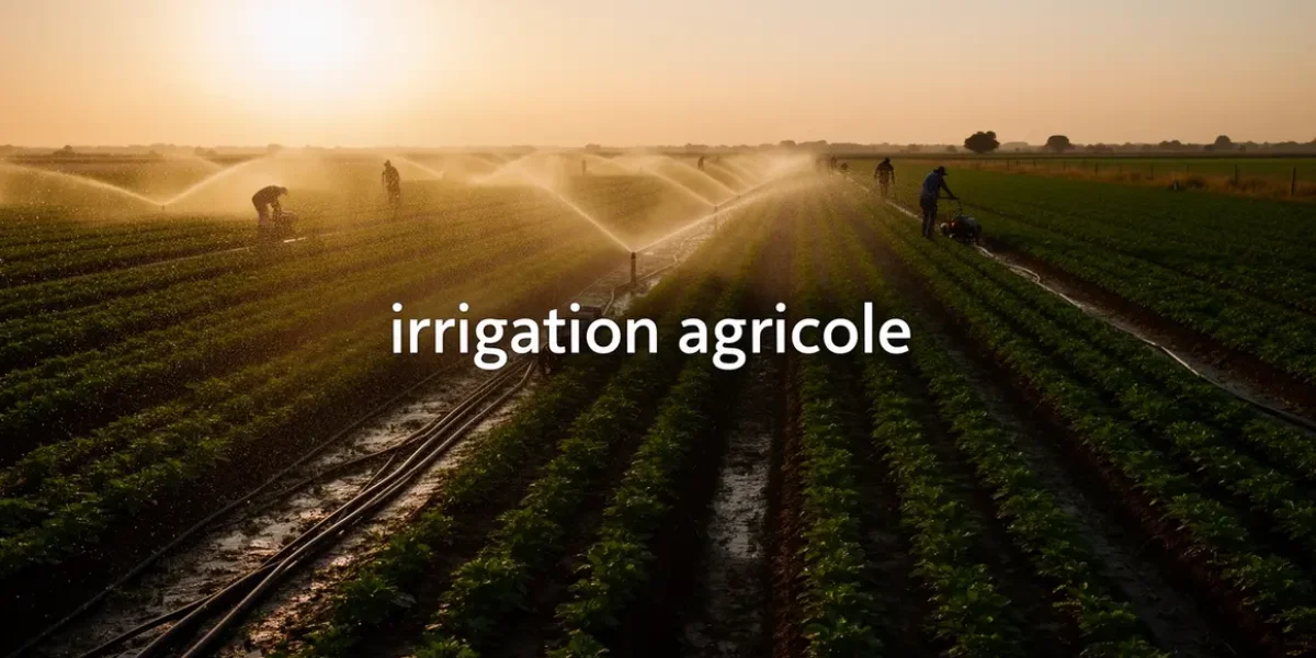 irrigation agricole au lever du soleil avec goutte a goutte et arroseurs