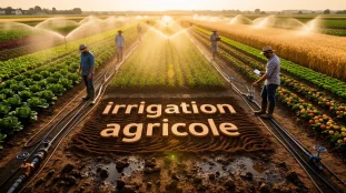 champ moderne irrigation agricole goutte-a-goutte asperseurs cultures