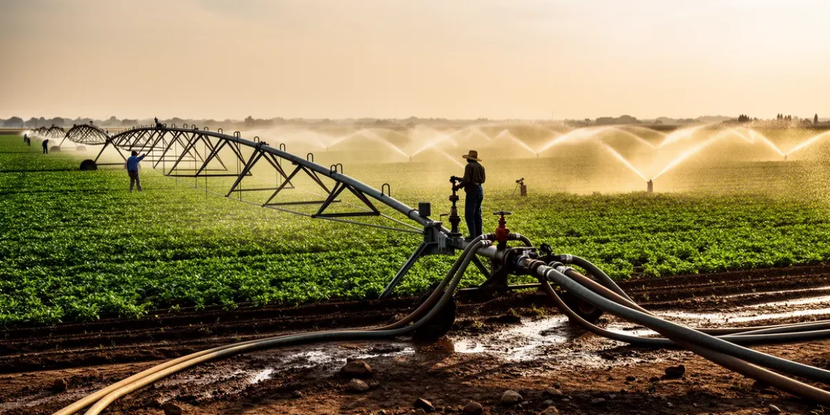 champ irrigue sous le soleil, rampes et agriculteurs ajustant l'eau