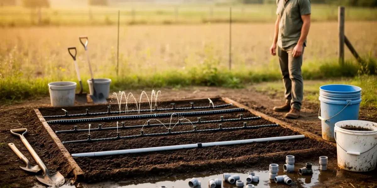 Jeune agriculteur sur parcelle avec systeme d'irrigation agricole simple