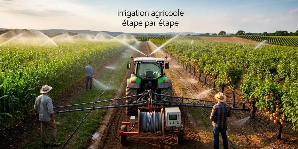 Parcelle agricole diversité avec irrigation goutte-à-goutte, aspersion, et cultures organisées