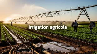 Champ avec irrigation agricole moderne pivot goutte a goutte aspersion