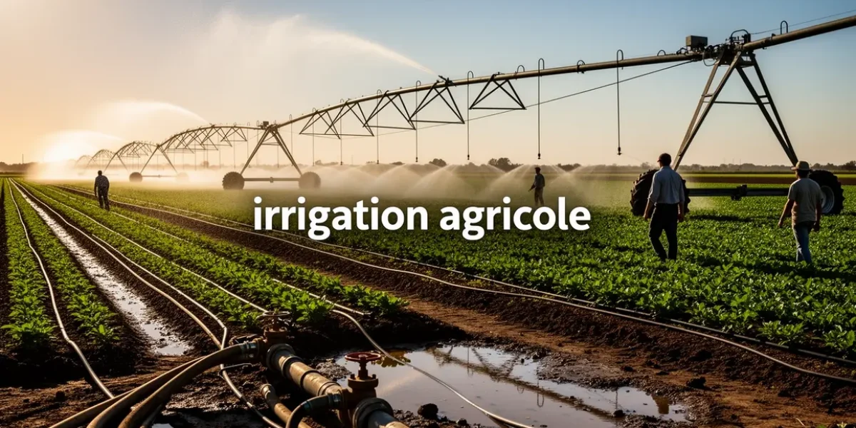 Champ avec irrigation agricole moderne pivot goutte a goutte aspersion