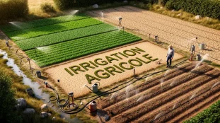 Photo irrigation agricole sur parcelle avec zones irriguees et seches
