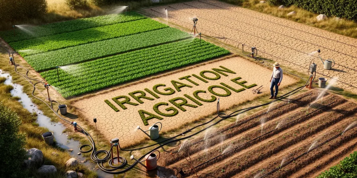 Photo irrigation agricole sur parcelle avec zones irriguees et seches