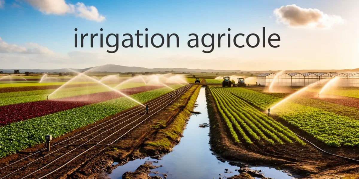 Panorama de champs, systemes irrigation agricole, ciel bleu