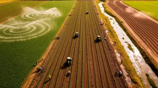 champ irrigation agricole vue aerienne systemes irrigation