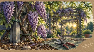 La glycine mauve en fleurs, taille d’été sur treillis