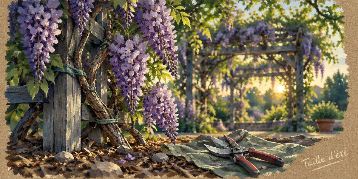 La glycine mauve en fleurs, taille d’été sur treillis