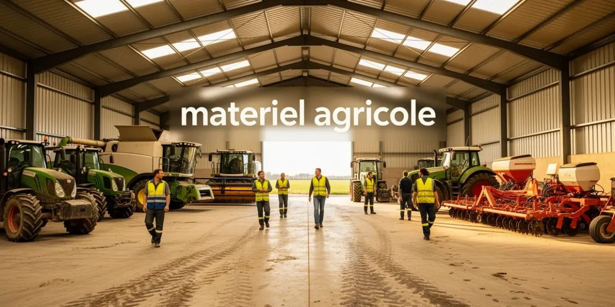 Vue hangar materiel agricole tracteurs moissonneuses ouvriers