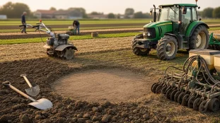 materiel agricole terrain avec outils tracteur semoir