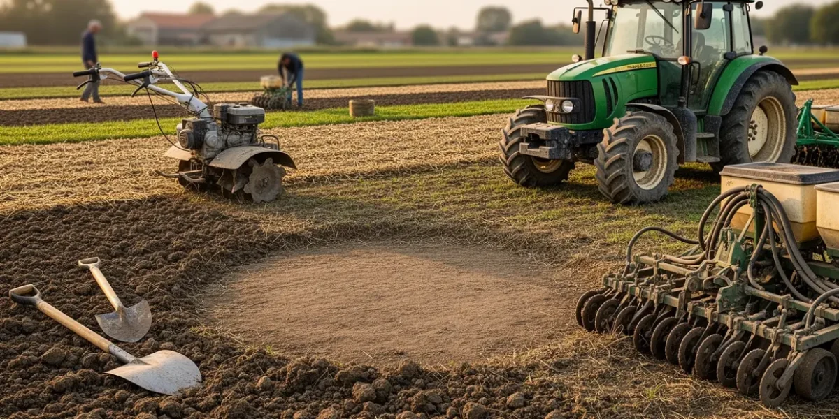 materiel agricole terrain avec outils tracteur semoir