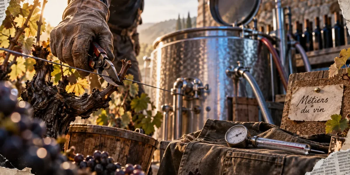 Metier dans le vin : main gantée ajuste un sécateur sur la vigne près de la cuve