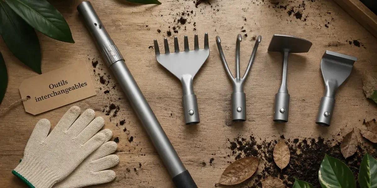Outils jardinage multifonction : manche et têtes interchangeables pour pelouse et potager