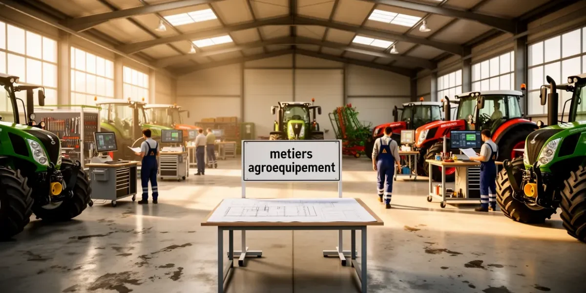 Atelier moderne avec machines agricoles et techniciens métiers agroéquipement