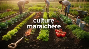 Parcelle maraichere realiste, rangs legumes, ambiante naturelle