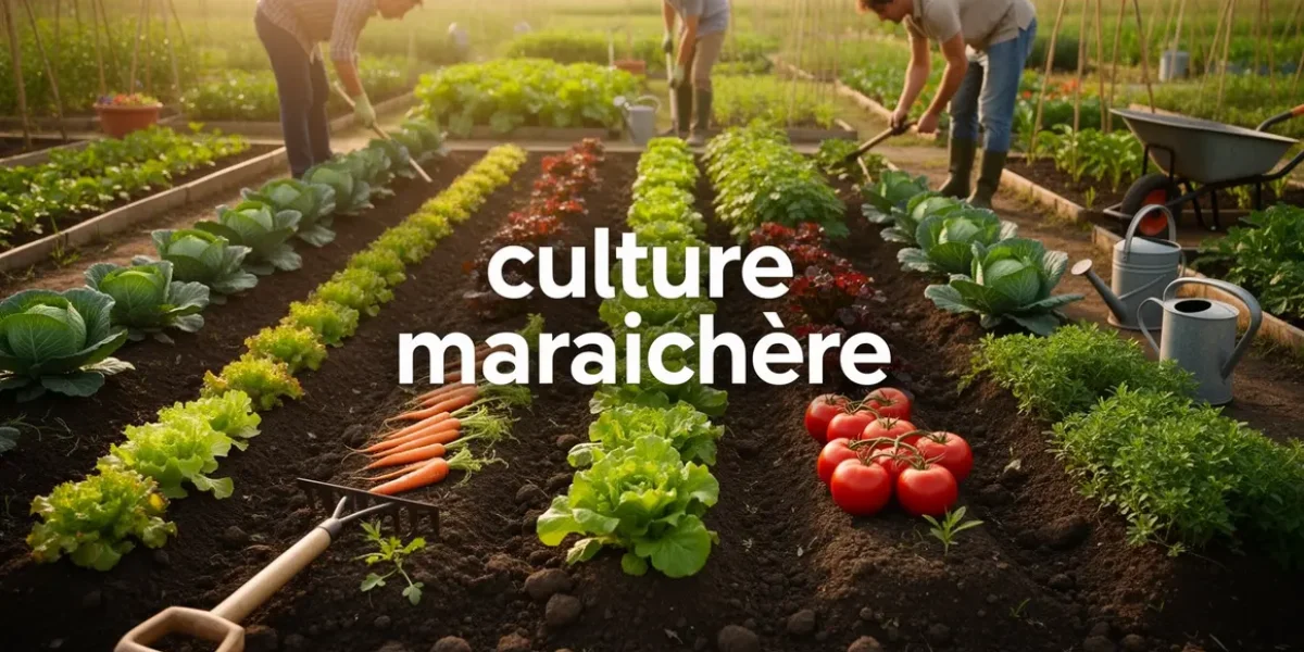 Parcelle maraichere realiste, rangs legumes, ambiante naturelle