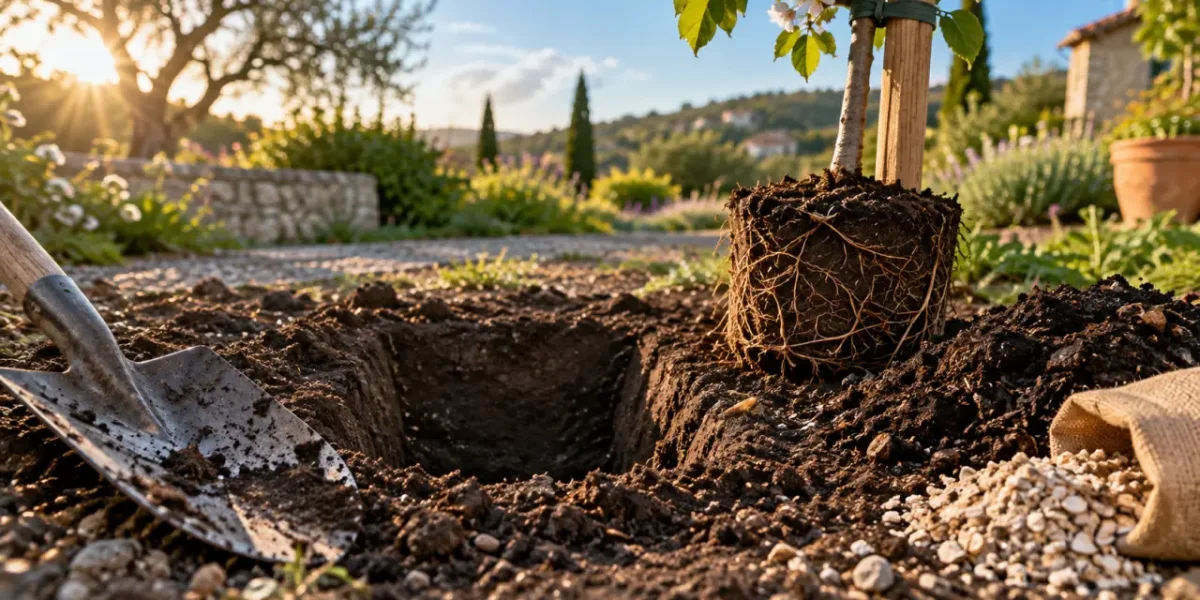 Plantation cerisier : collet non enterré, trou de plantation et tuteur