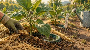 Planter des aubergines : jeunes plants paillés quand il fait 12°C dehors