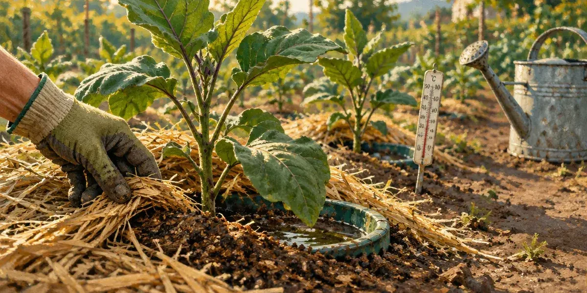 Planter des aubergines : jeunes plants paillés quand il fait 12°C dehors