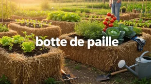 potager sur bottes de paille en rangs avec outils et jeunes plants