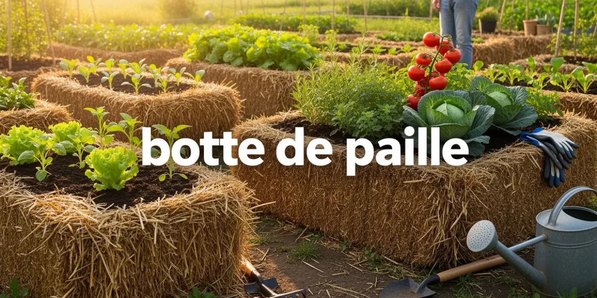 potager sur bottes de paille en rangs avec outils et jeunes plants