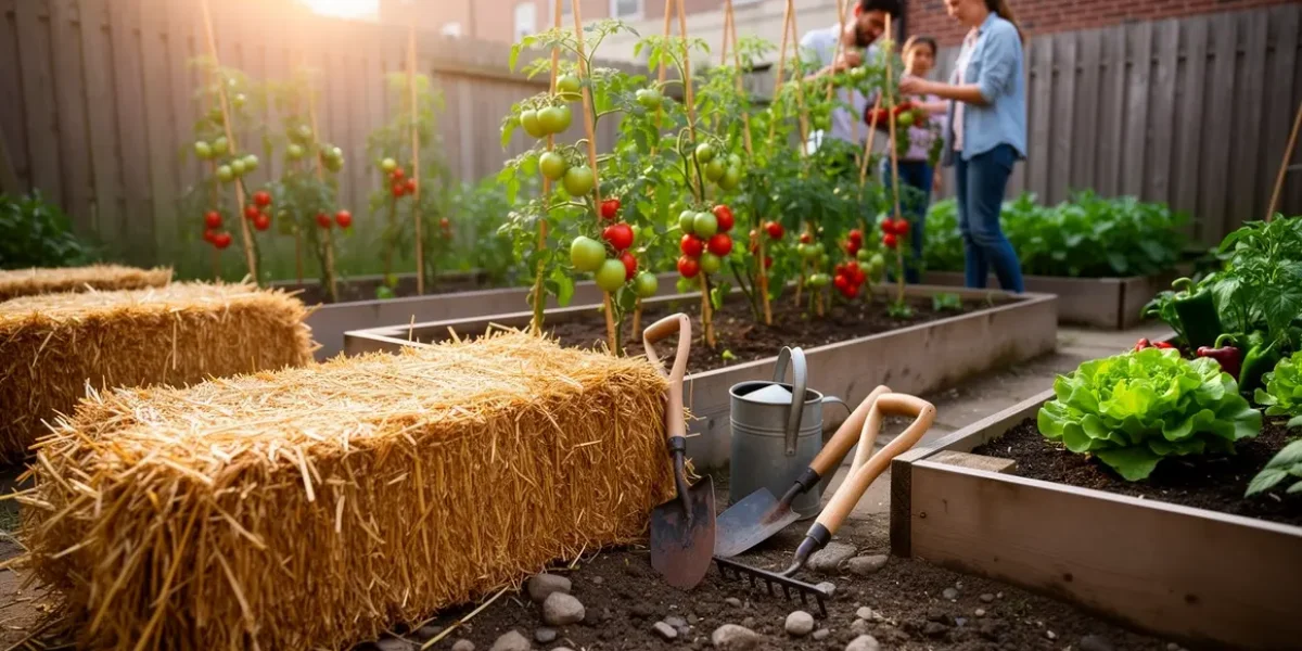 Petit potager sur botte de paille tomates et legumes
