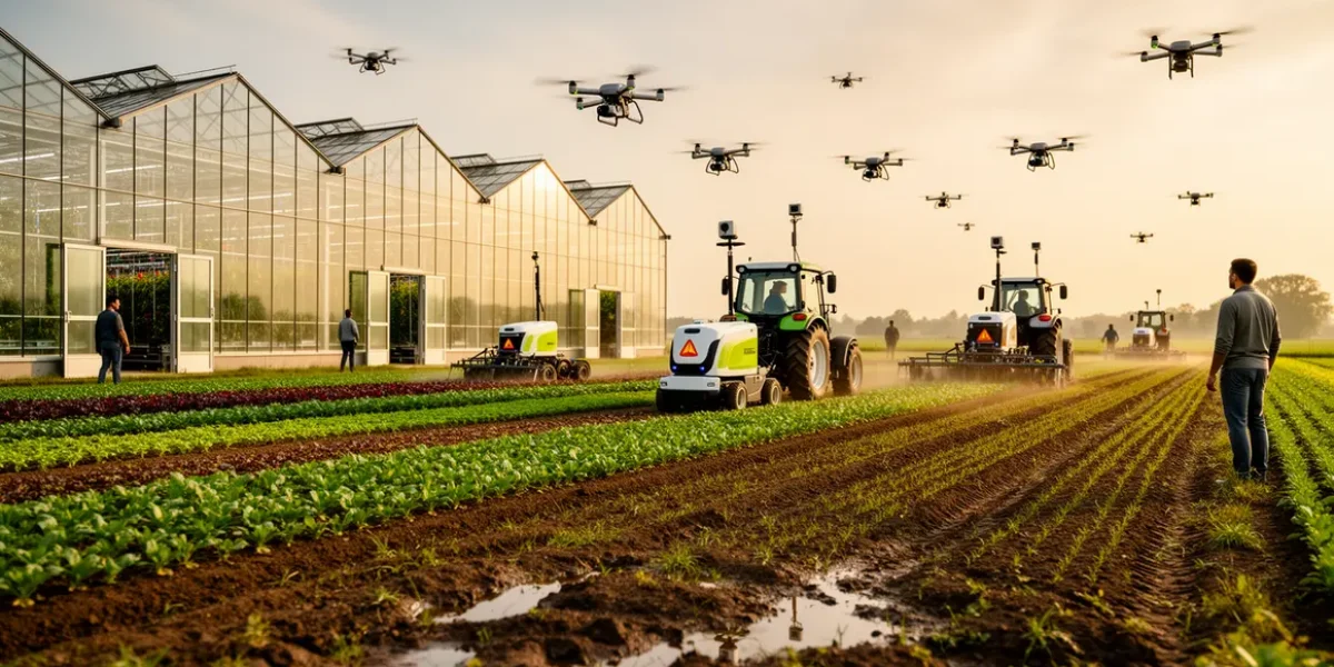Visuel robotique agricole avec exploitation moderne, machines autonomes et drones