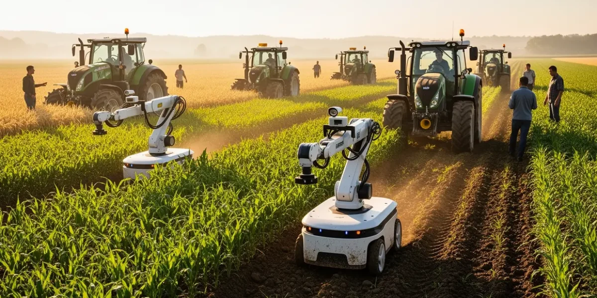 Scène de robotique agricole avec robots et tracteurs sur exploitation moderne