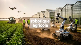 Vue photoréaliste exploitation agricole moderne avec robots autonomes
