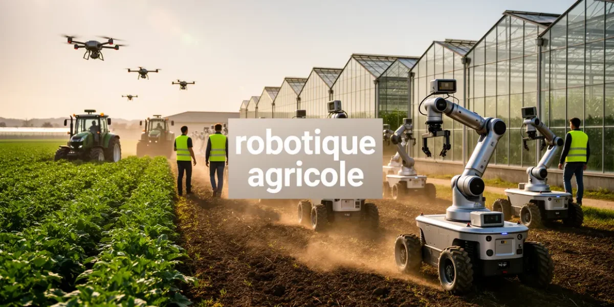 Vue photoréaliste exploitation agricole moderne avec robots autonomes