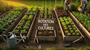 Vue potager cinq parcelles rotation des cultures