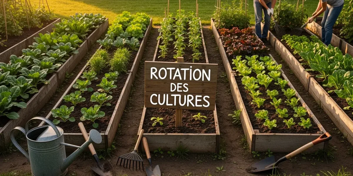 Vue potager cinq parcelles rotation des cultures