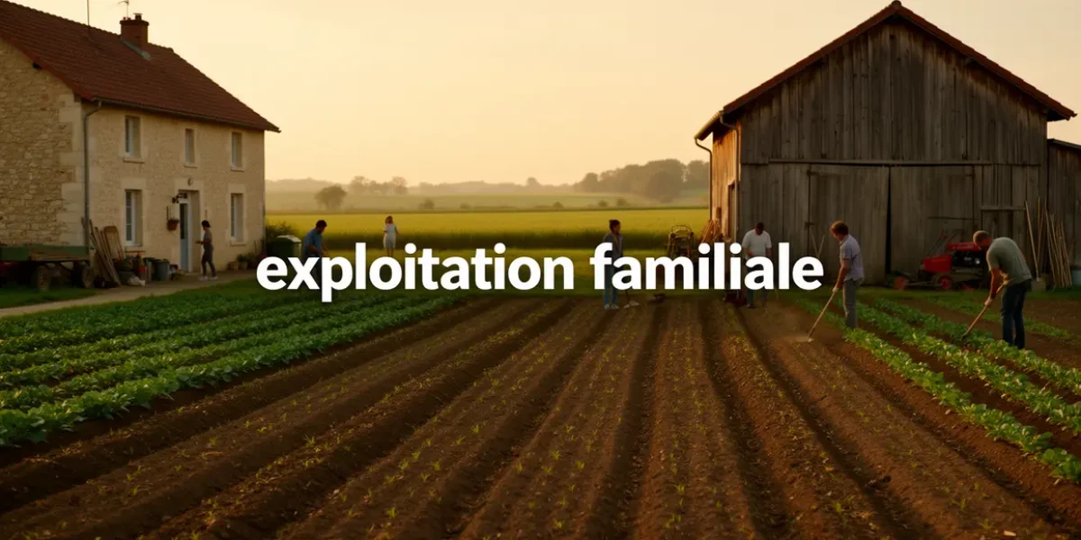 Exploitation familiale agricole maison grange champs membres famille au travail