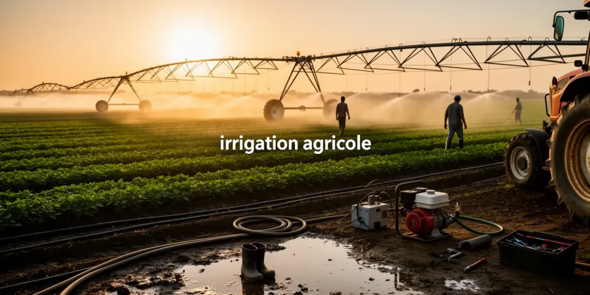 Champ agricole systèmes irrigation au lever du soleil