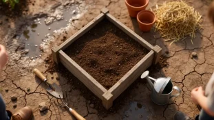 Sol argileux, carré potager, vue aérienne réaliste