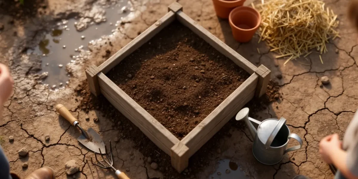 Sol argileux, carré potager, vue aérienne réaliste